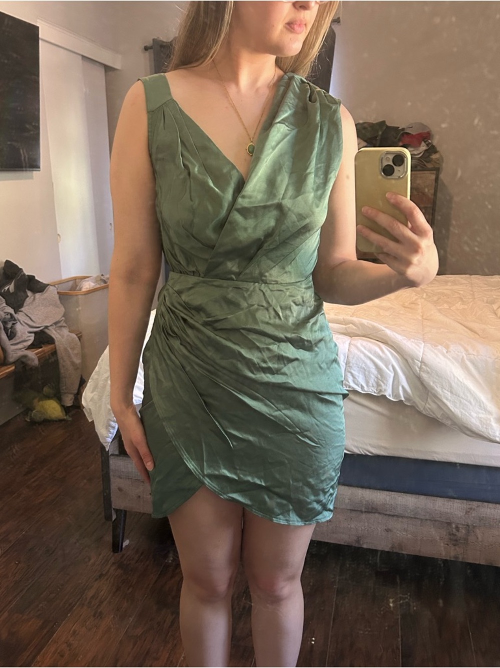 Anthropologie Green Draped Shine Mini Dress
